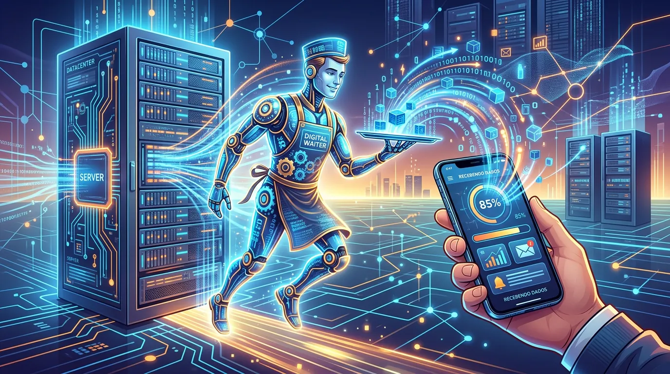 Analogia de API como garçom conectando servidor e cliente