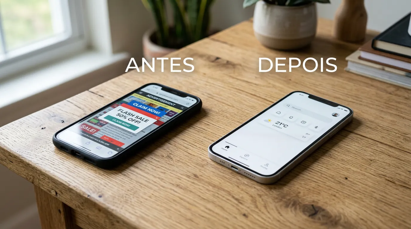 Celular antes e depois de remover anúncios e pop-ups