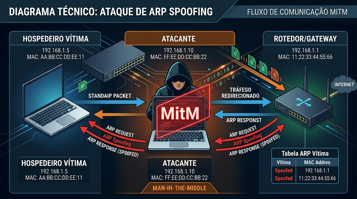 Diagrama de funcionamento do ataque ARP Spoofing