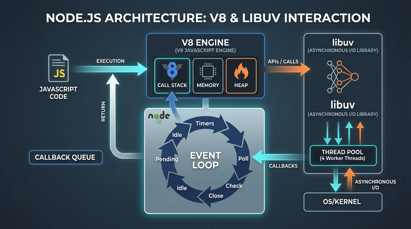 Diagrama da arquitetura interna do Node.js com V8 e libuv