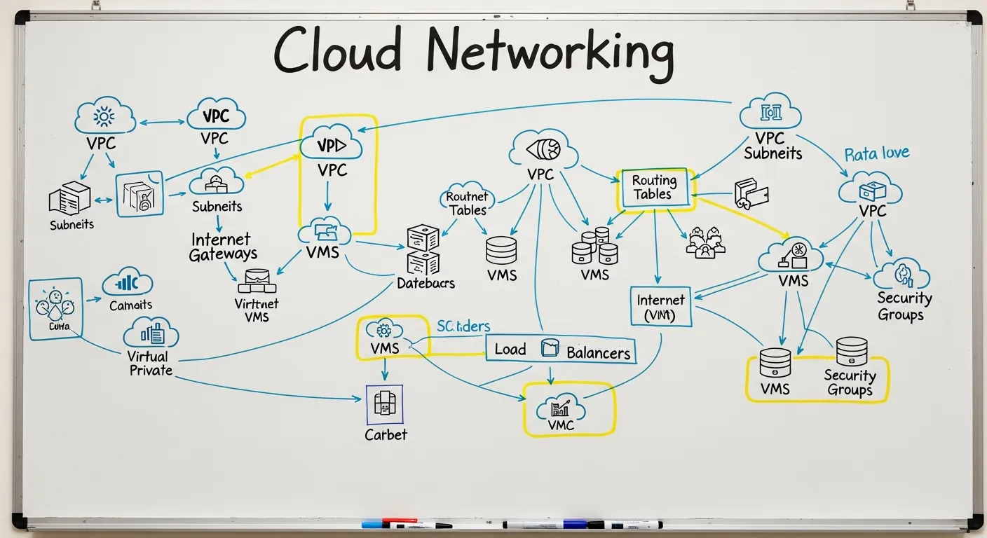 Diagrama de rede em nuvem desenhado em quadro branco