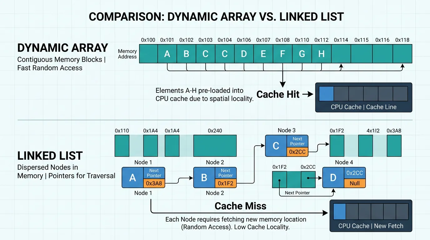 Array Dinâmico vs Lista Encadeada e localidade de cache