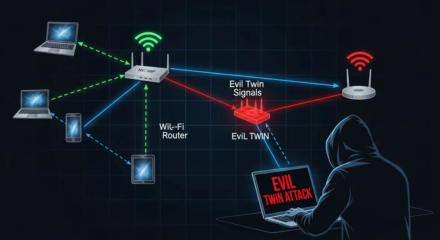 Alt Text Otimizado SEO: Diagrama de ataque Evil Twin em redes sem fio