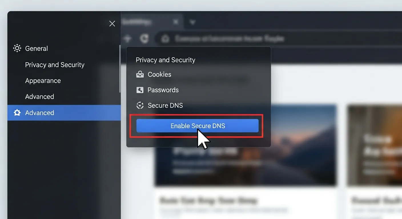 Tela de configurações do navegador ativando DNS Seguro