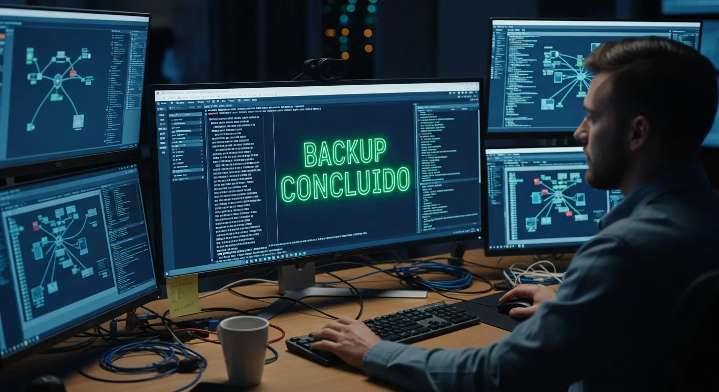 Engenheiro de redes monitorando automação de backups