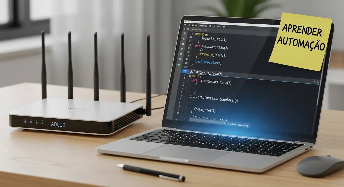 Roteador e notebook com código de automação de rede