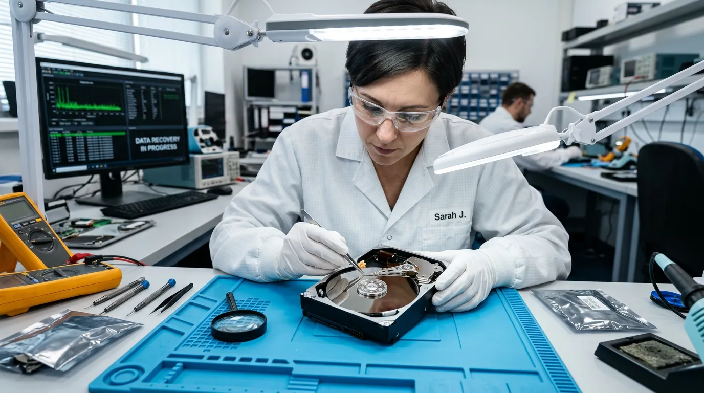 Técnico avaliando HD aberto em laboratório de recuperação de dados