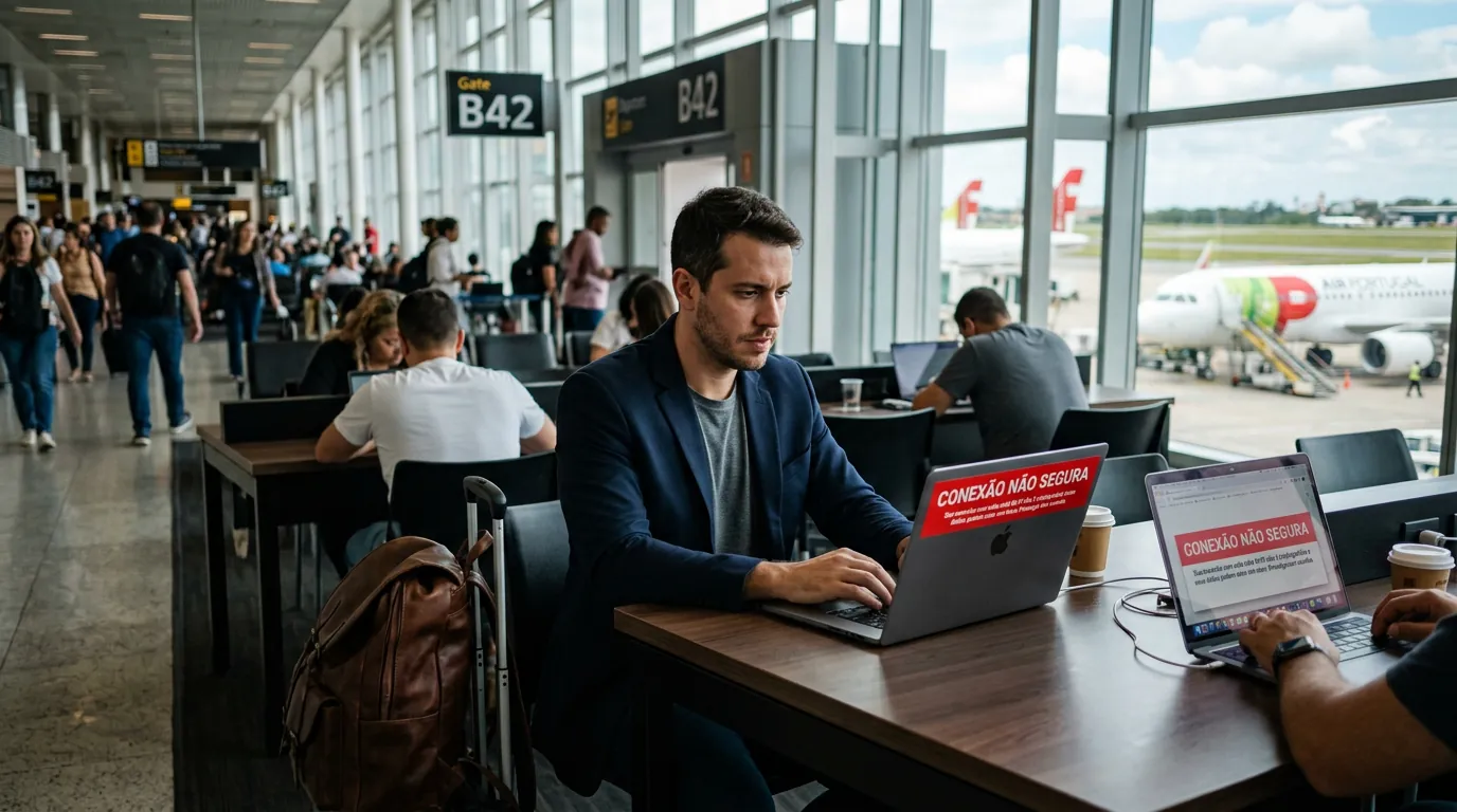 Homem no aeroporto com aviso de conexão não segura no notebook