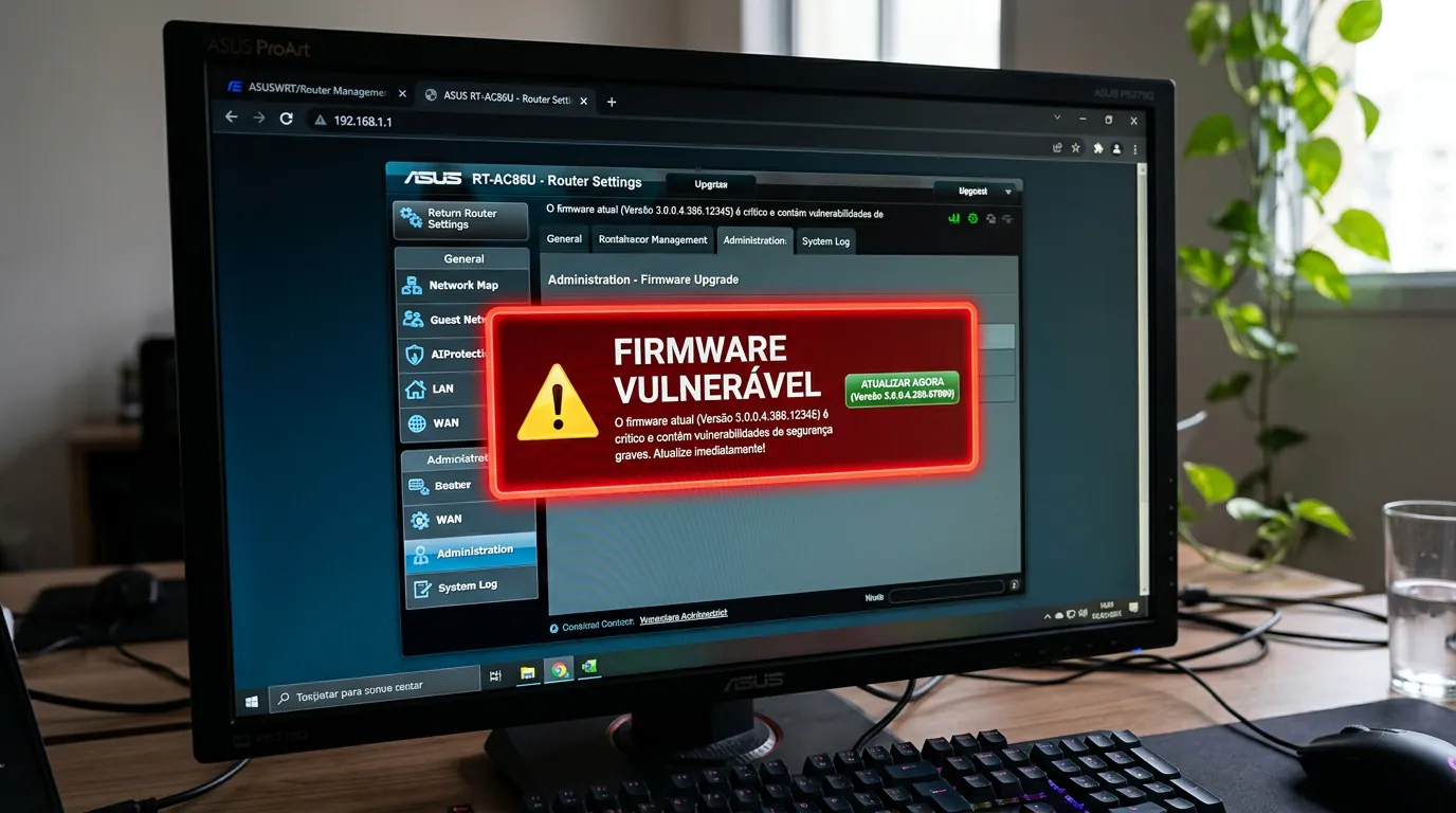 Tela de aviso de vulnerabilidade de firmware em painel de roteador
