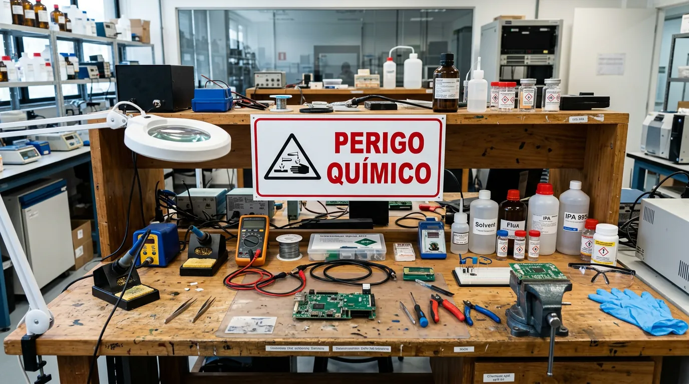 Placa de aviso sobre perigo químico em baterias