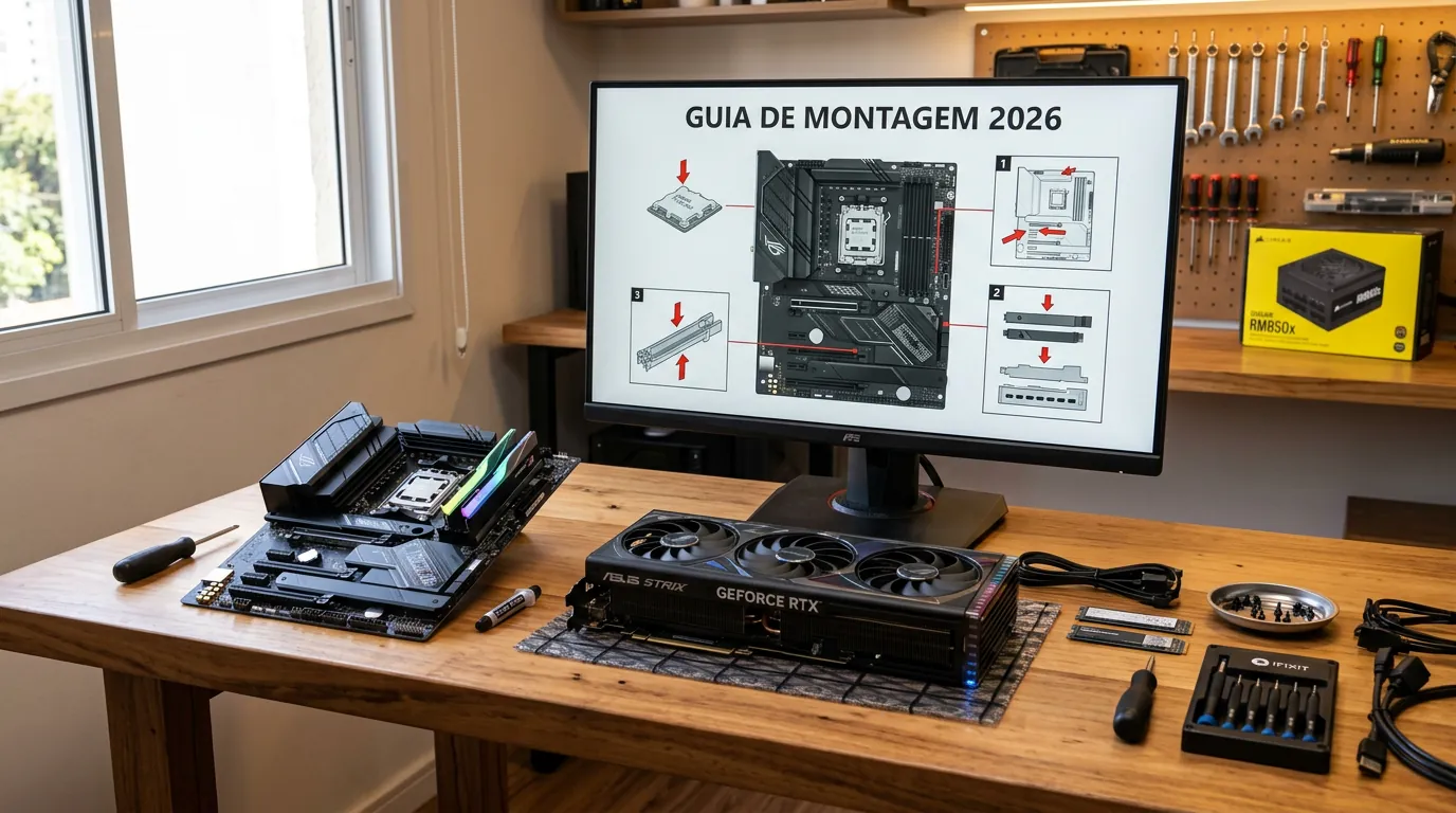 Bancada com peças de PC modernas