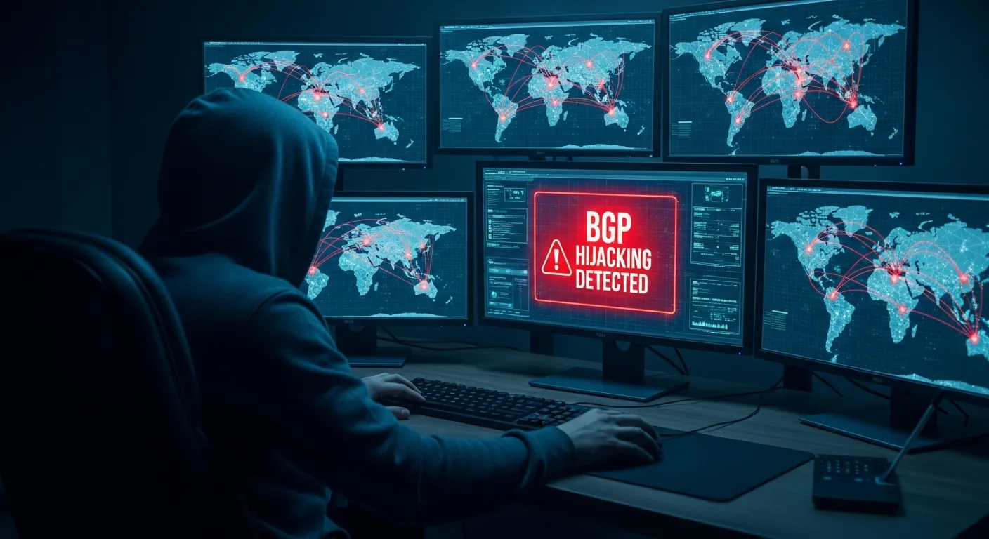 Ilustracao de um ataque de sequestro de BGP (BGP Hijacking)
