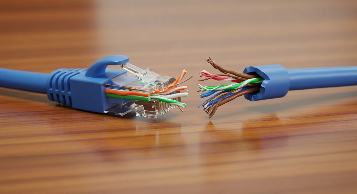 Cabo de rede Ethernet danificado com fios expostos