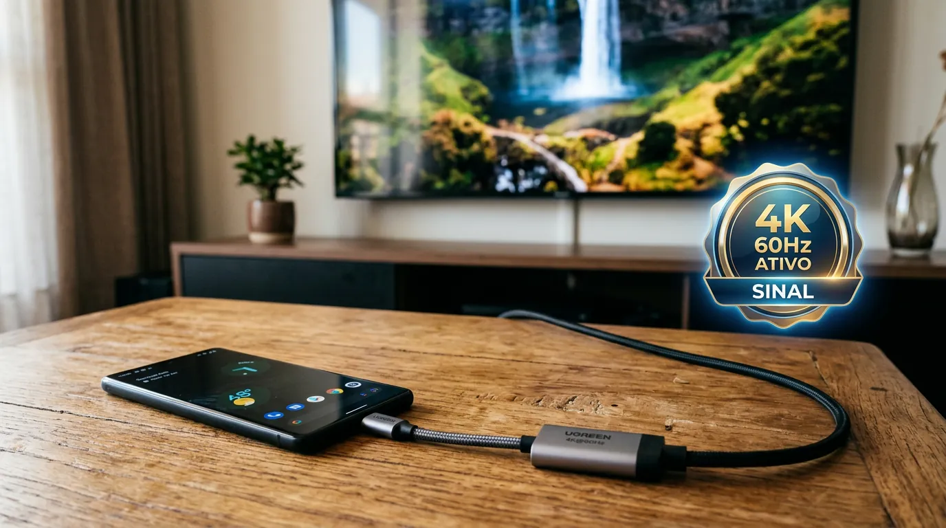 Conexão de celular na TV usando cabo adaptador USB-C para HDMI