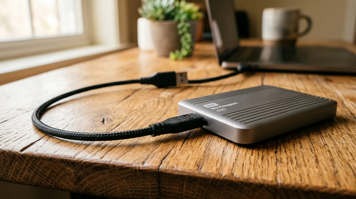 Cabo USB conectado ao HD externo