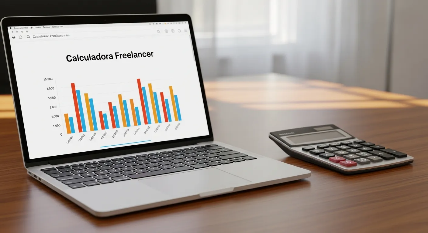Notebook com calculadora e gráfico financeiro para freelancer de TI