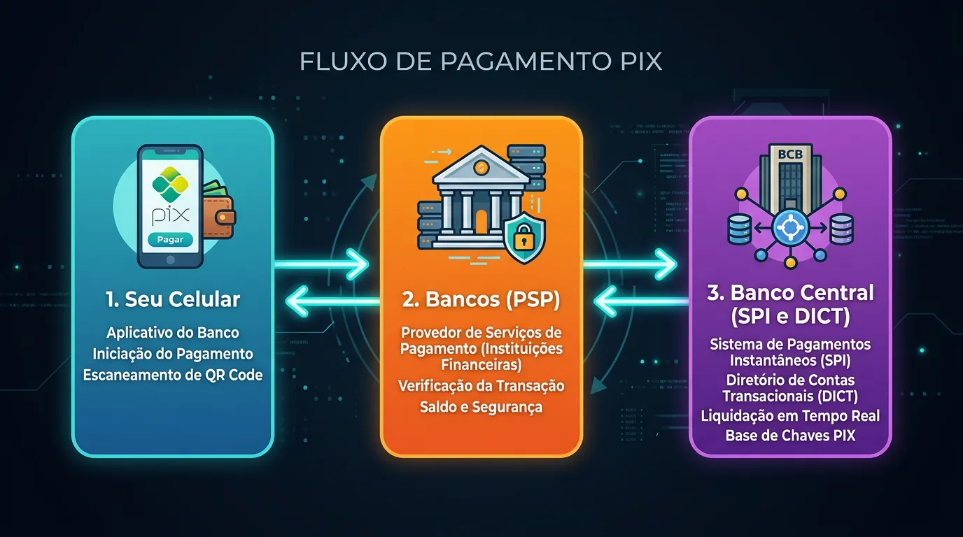 Arquitetura do Pix dividida entre celular, bancos e sistemas SPI e DICT do Banco Central