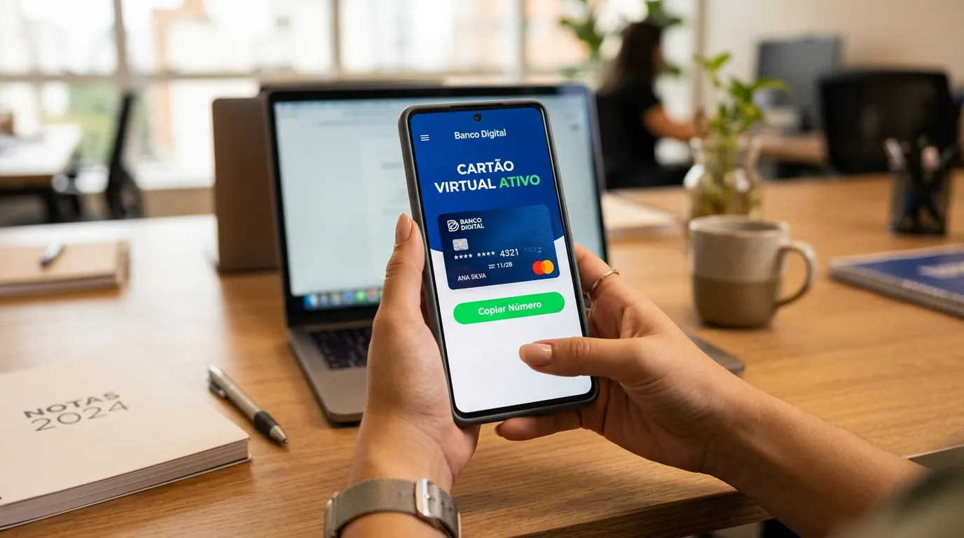Aplicativo de banco exibindo um cartão virtual ativo para compras online seguras