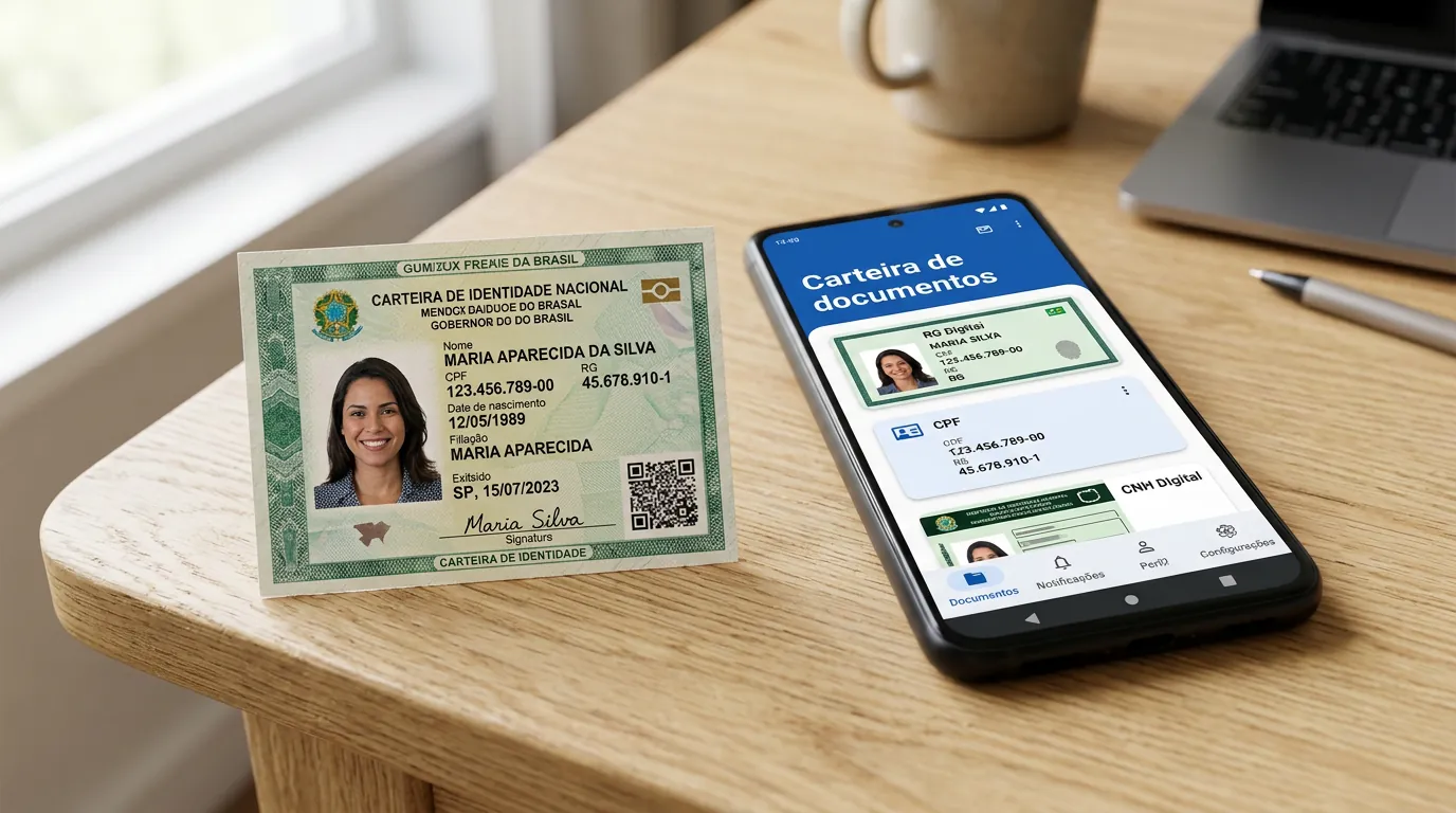 Carteira de Identidade Nacional física e versão digital da CIN no celular
