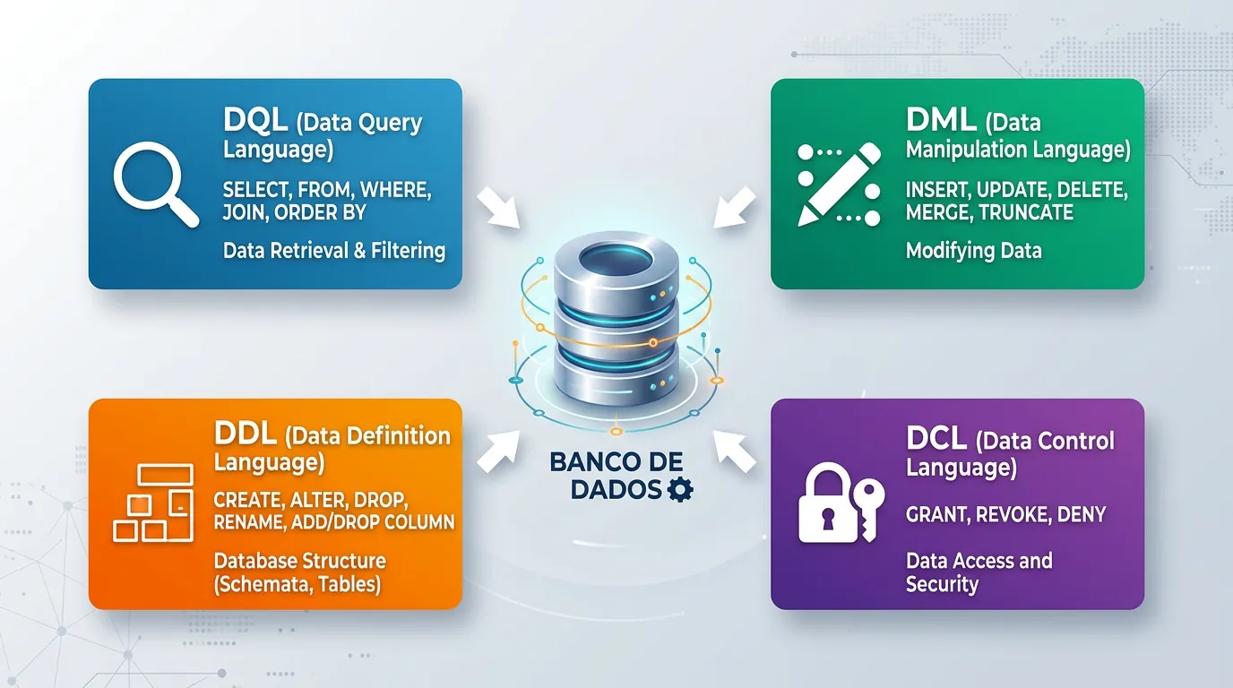 Diagrama das categorias de comandos SQL DQL DML DDL DCL