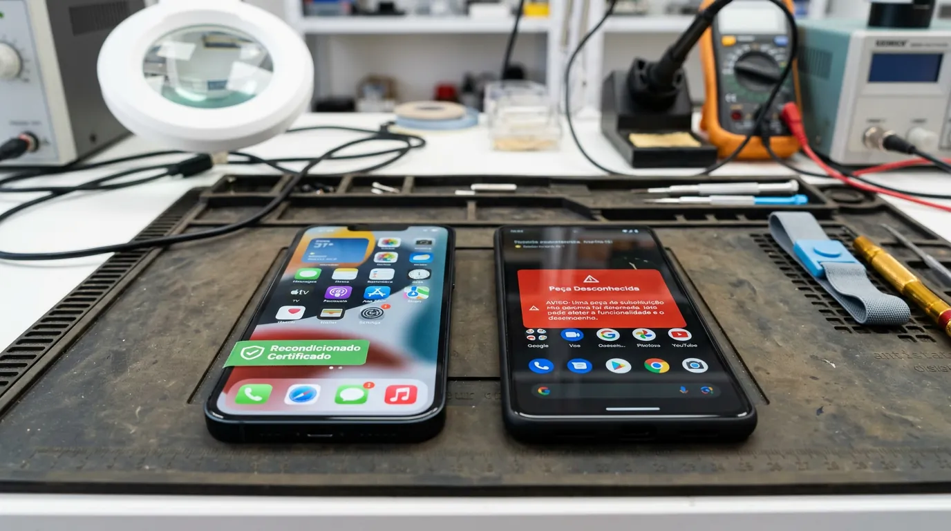 Comparação entre celular e iPhone recondicionado certificado e aparelho com peça desconhecida