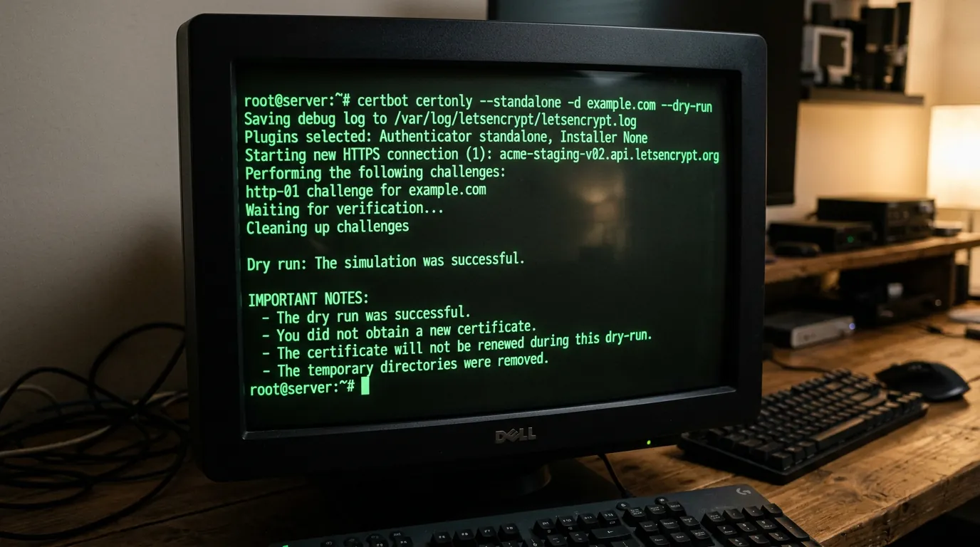Terminal Linux executando Certbot dry-run