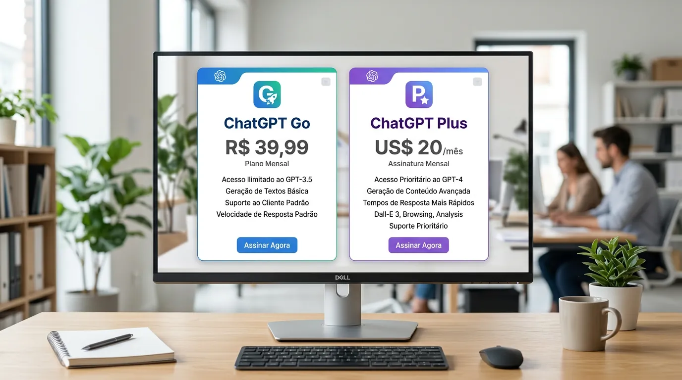 Comparativo visual entre os planos ChatGPT Go e ChatGPT Plus no Brasil em 2026