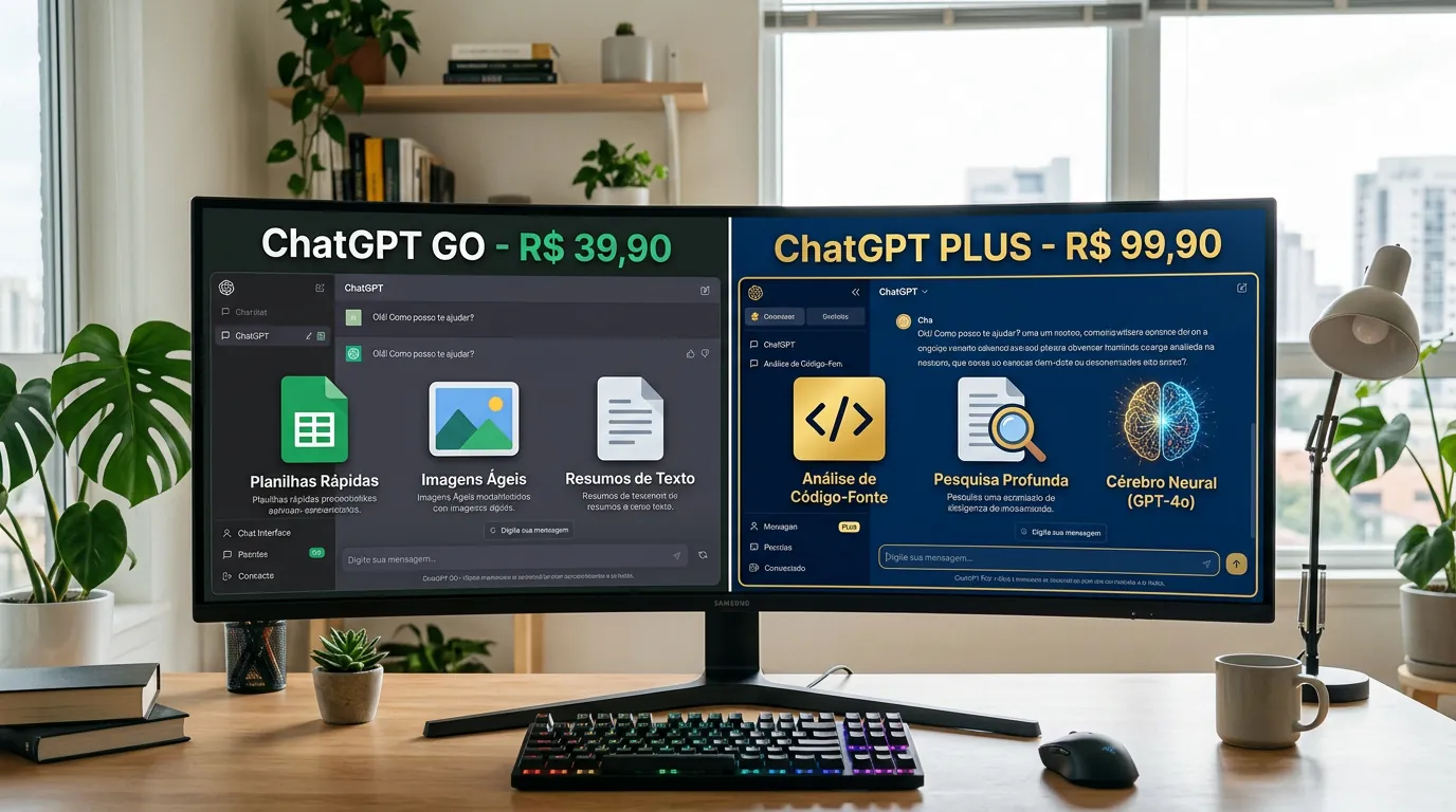 Comparativo visual entre os planos ChatGPT Go e ChatGPT Plus no Brasil em 2026