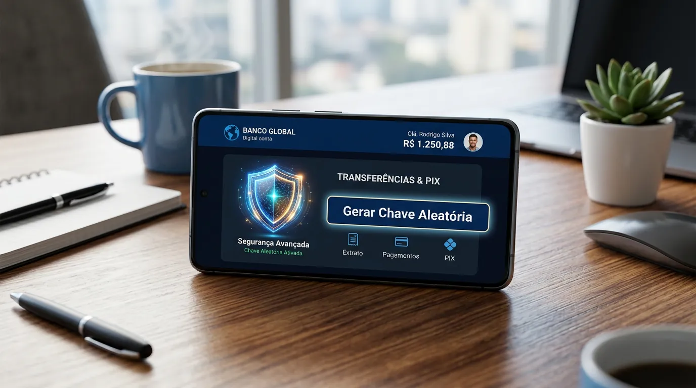 Interface de aplicativo bancário mostrando a opção de Gerar Chave Aleatória no Pix para proteção de dados