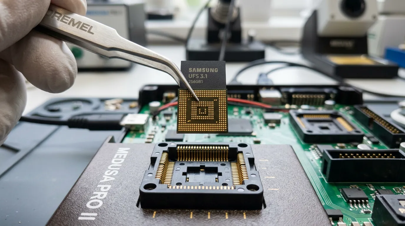 Pinça segurando chip de memória BGA UFS sobre programadora forense