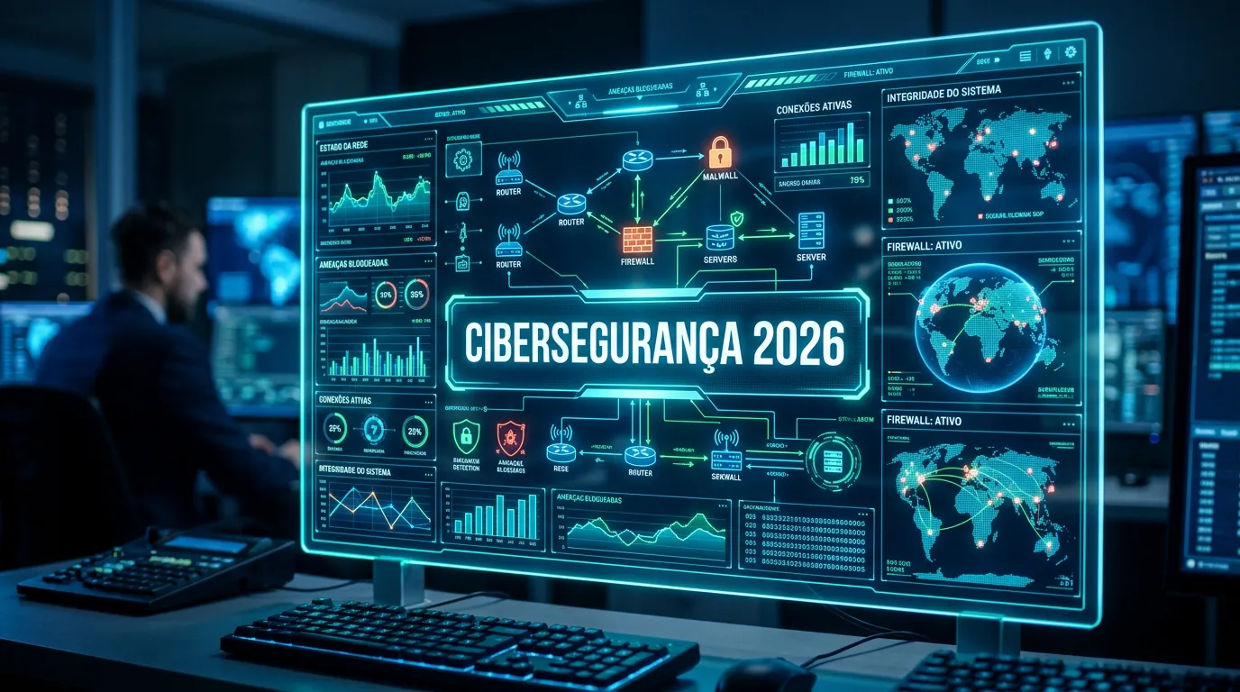 Painel digital mostrando métricas de Cibersegurança em 2026