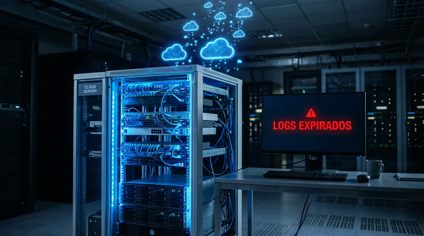 Ilustração de servidores em nuvem e alerta de logs expirados