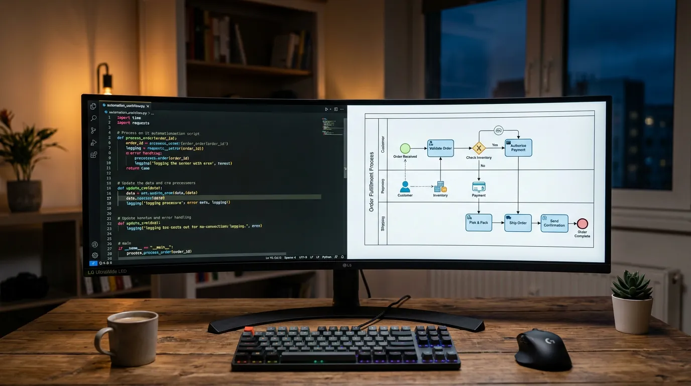 Tela com código Python e diagrama de processos