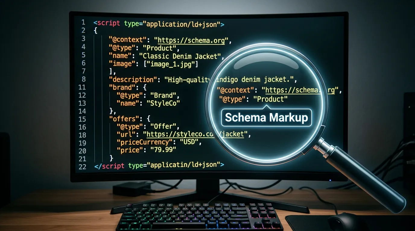 Tela de código mostrando dados estruturados para SEO