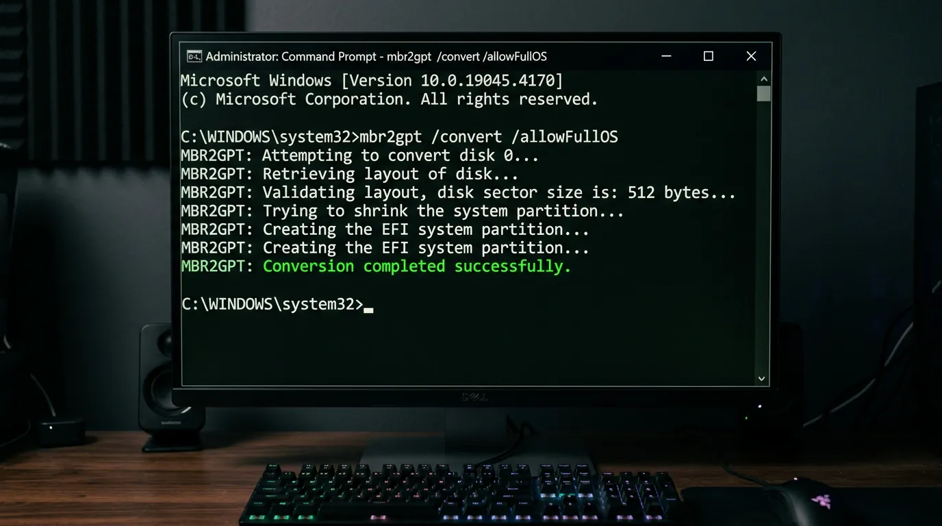 Comando MBR2GPT no Prompt de Comando