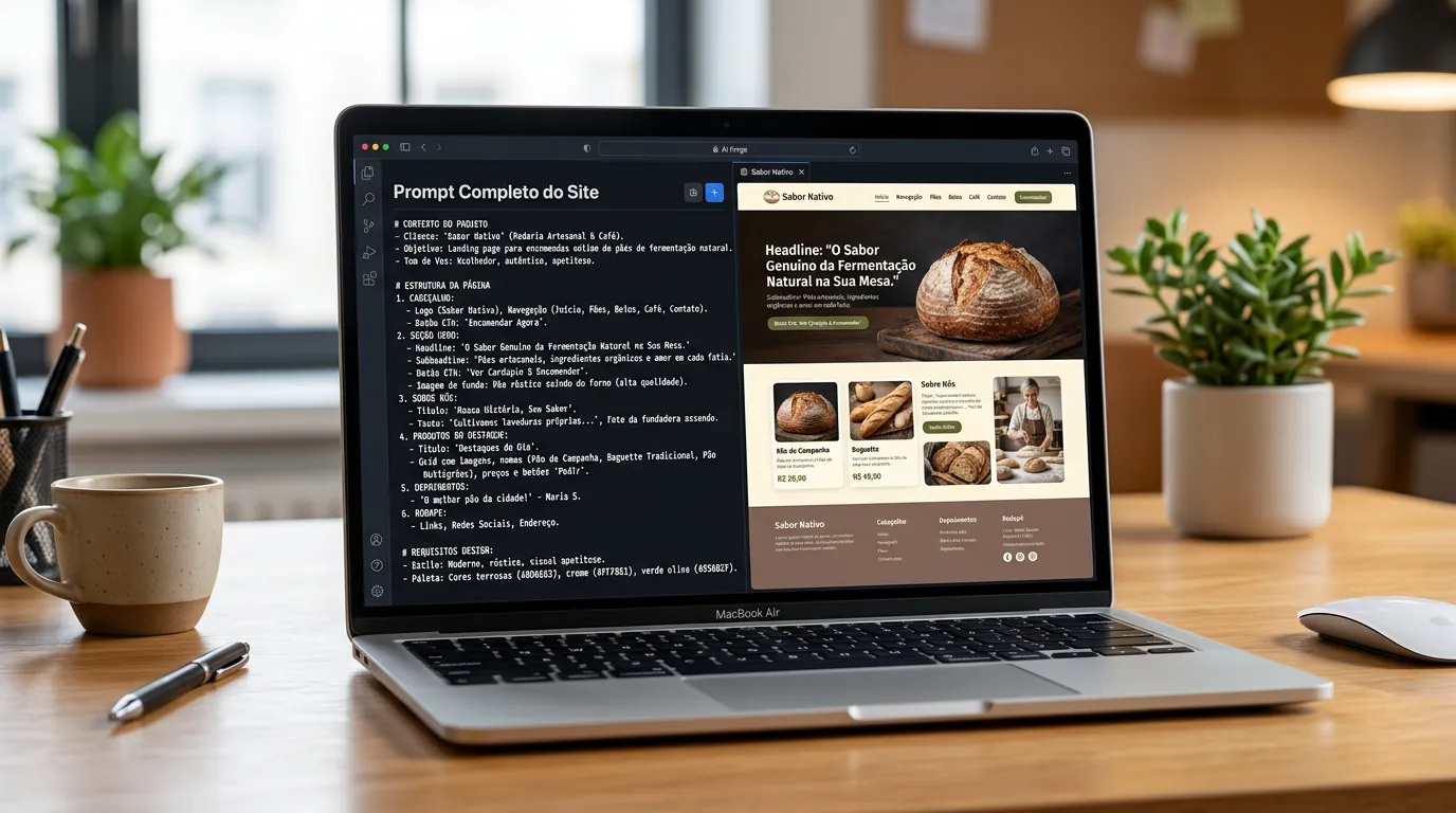 Exemplo de comando estruturado para criar site com IA sem gastar créditos extras