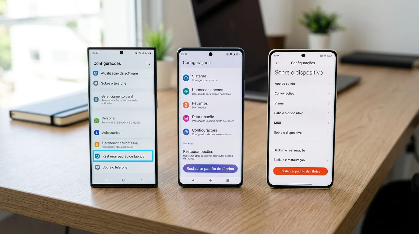 Caminhos de configuração para formatar celular Samsung, Motorola e Xiaomi