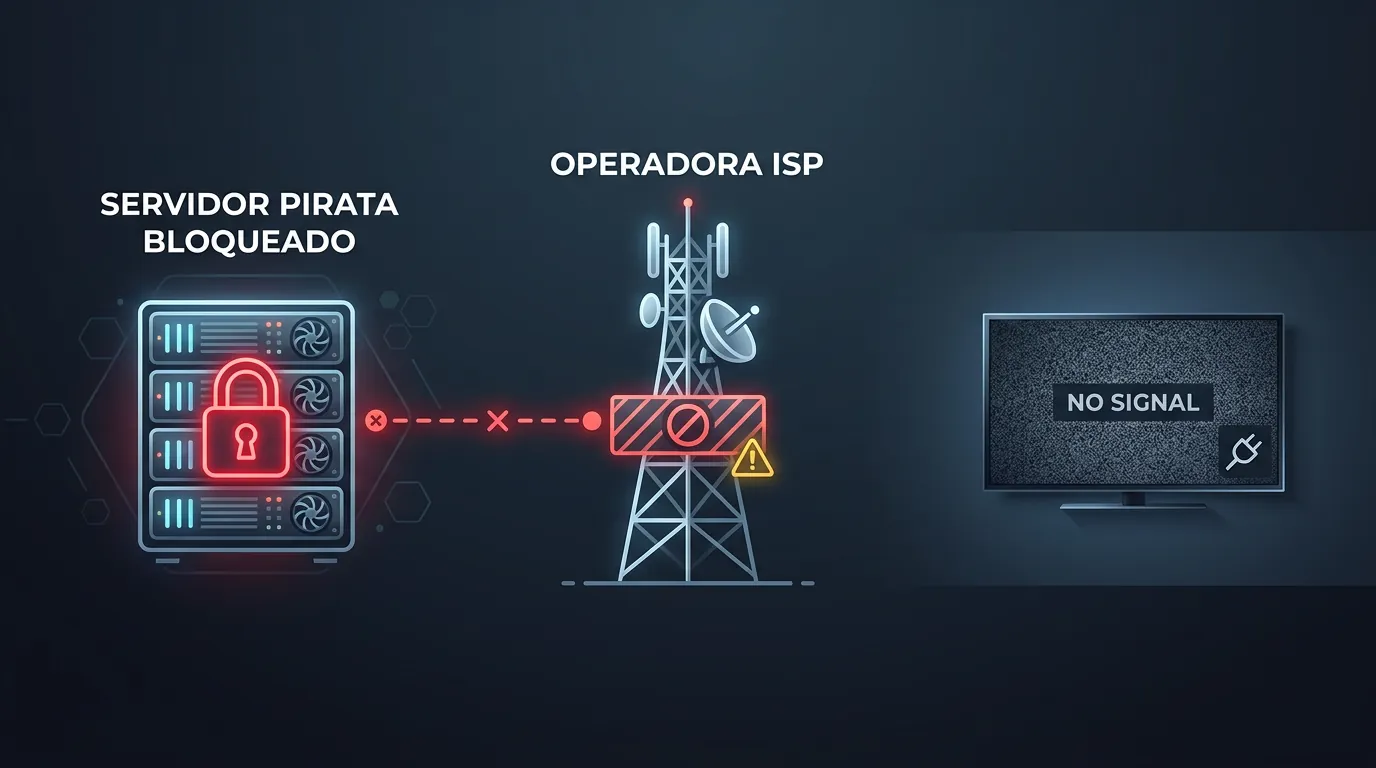 Diagrama explicando como funciona o bloqueio de IP e URL de TV Box pela Anatel nas operadoras