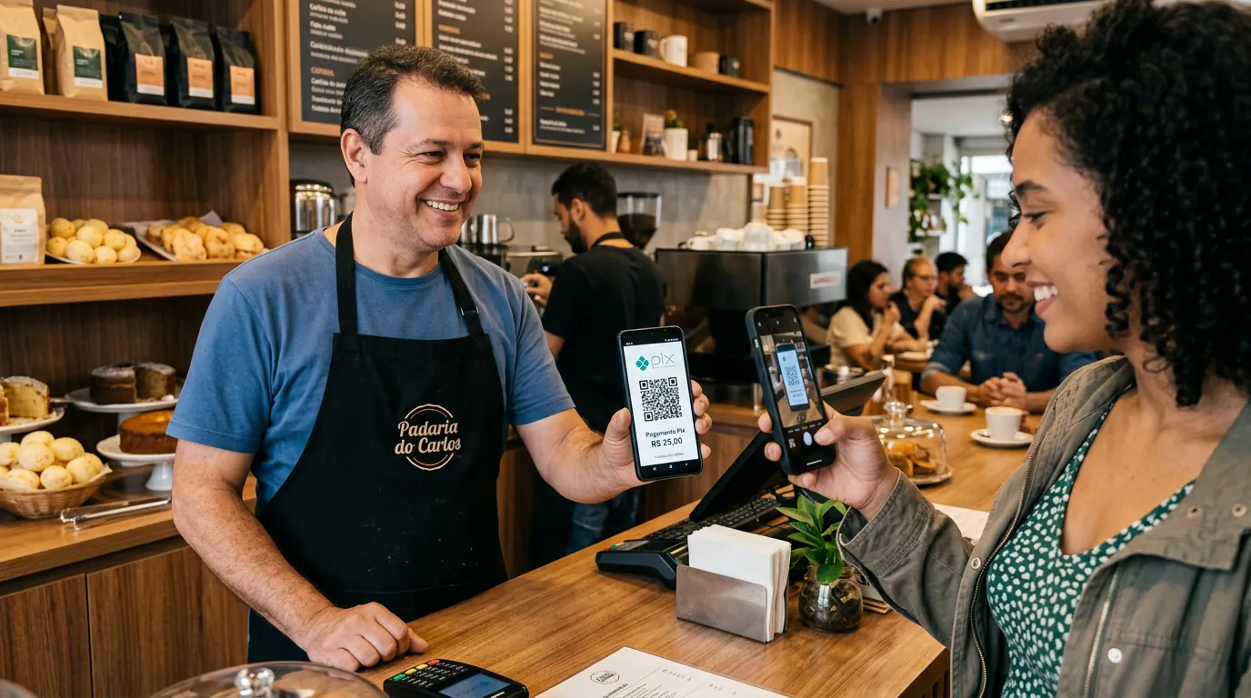 Comerciante recebendo pagamento por QR Code Pix direto na tela do celular sem maquininha
