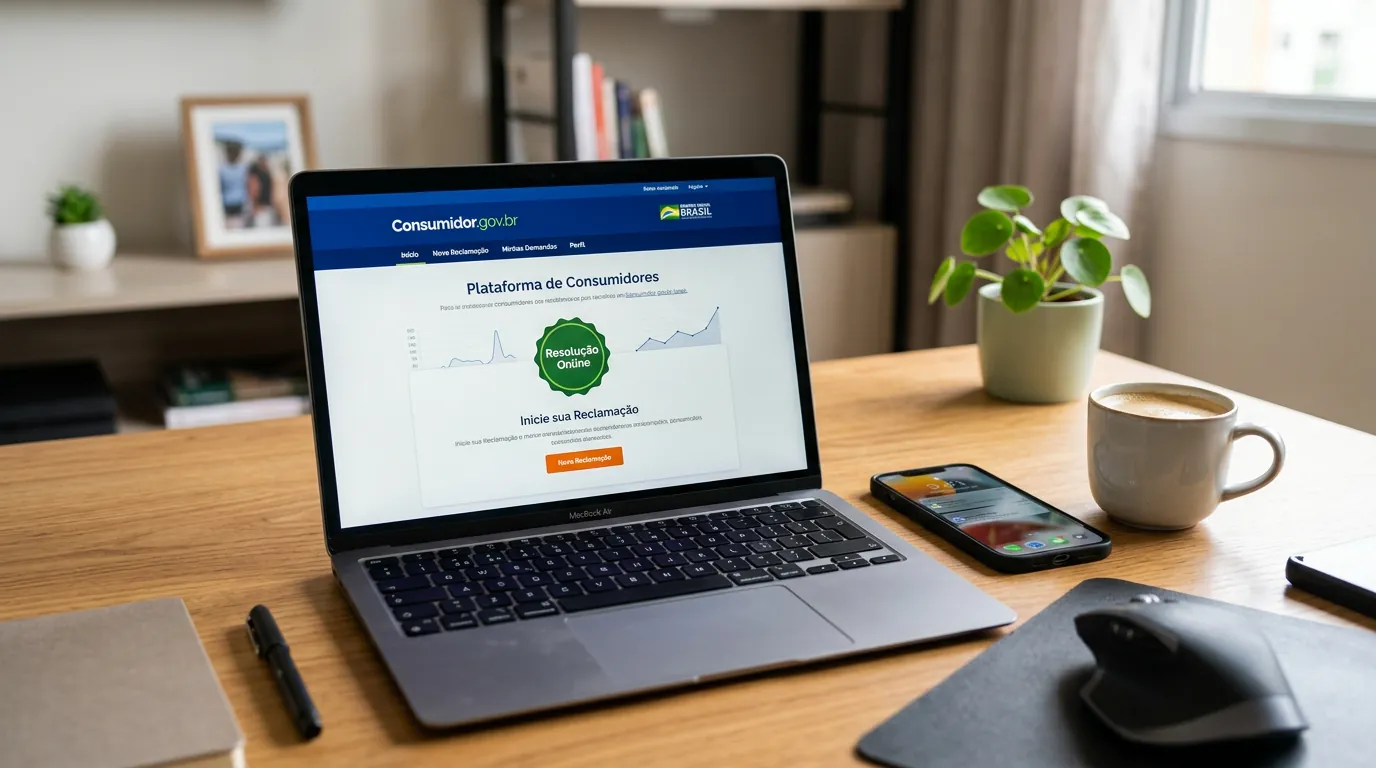 Interface do portal Consumidor.gov.br em notebook para registrar reclamação contra empresa