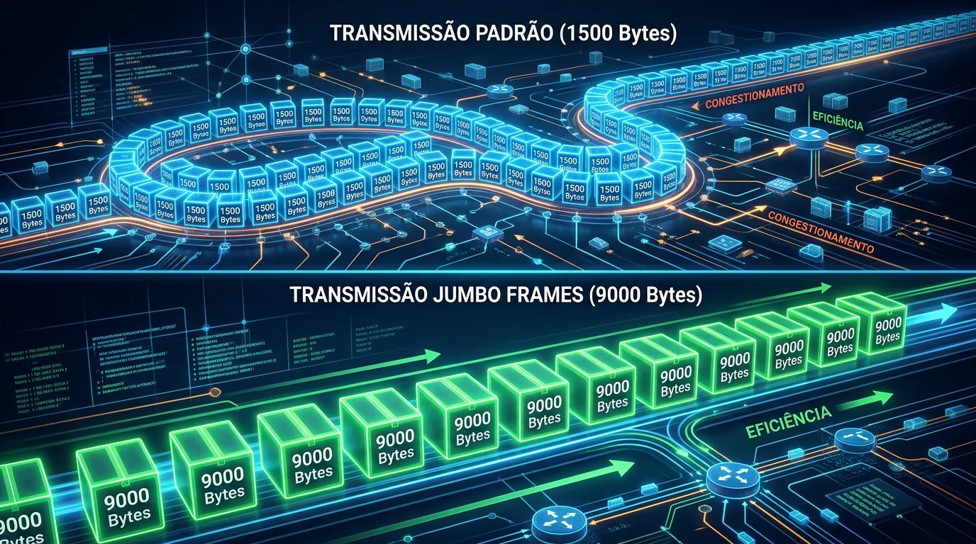 Comparação visual entre MTU padrão e Jumbo Frames