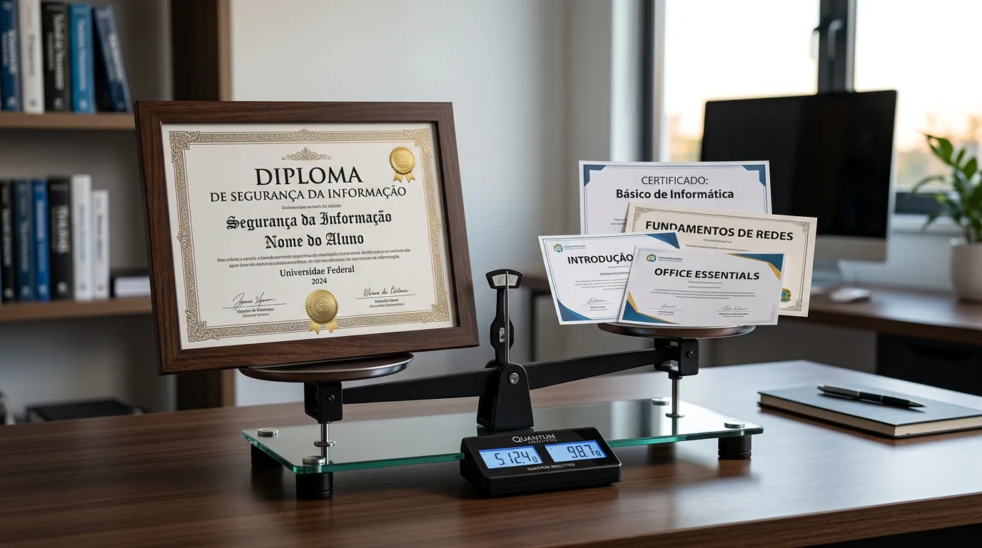 Balança comparando certificações de TI avançadas e básicas