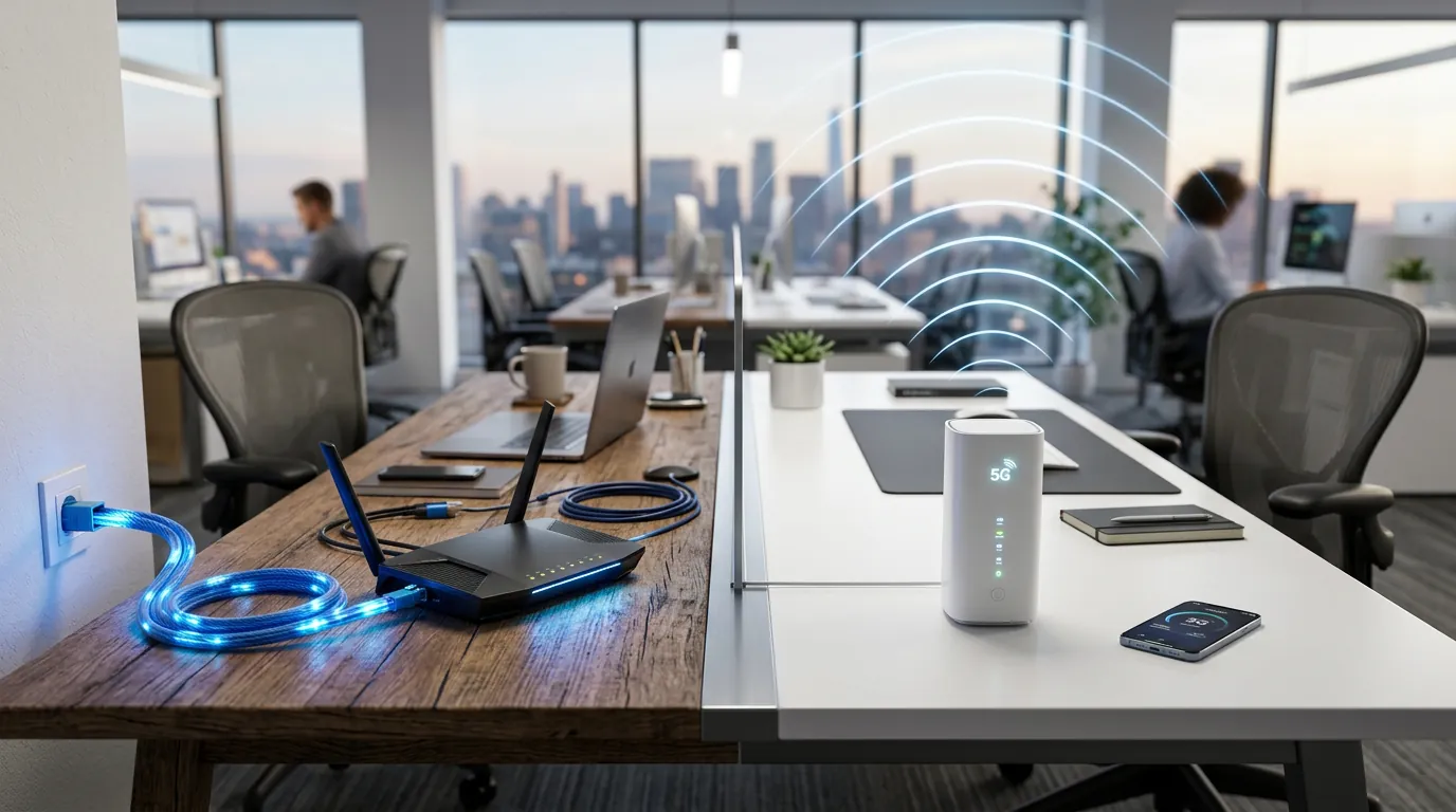 Roteador de fibra óptica e modem 5G FWA lado a lado