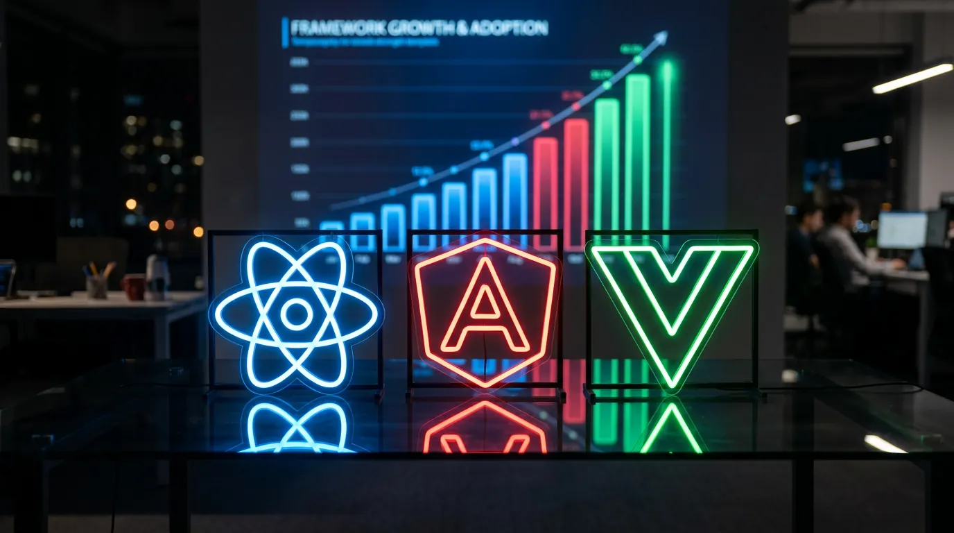 Comparativo visual entre React, Angular e Vue em 2026