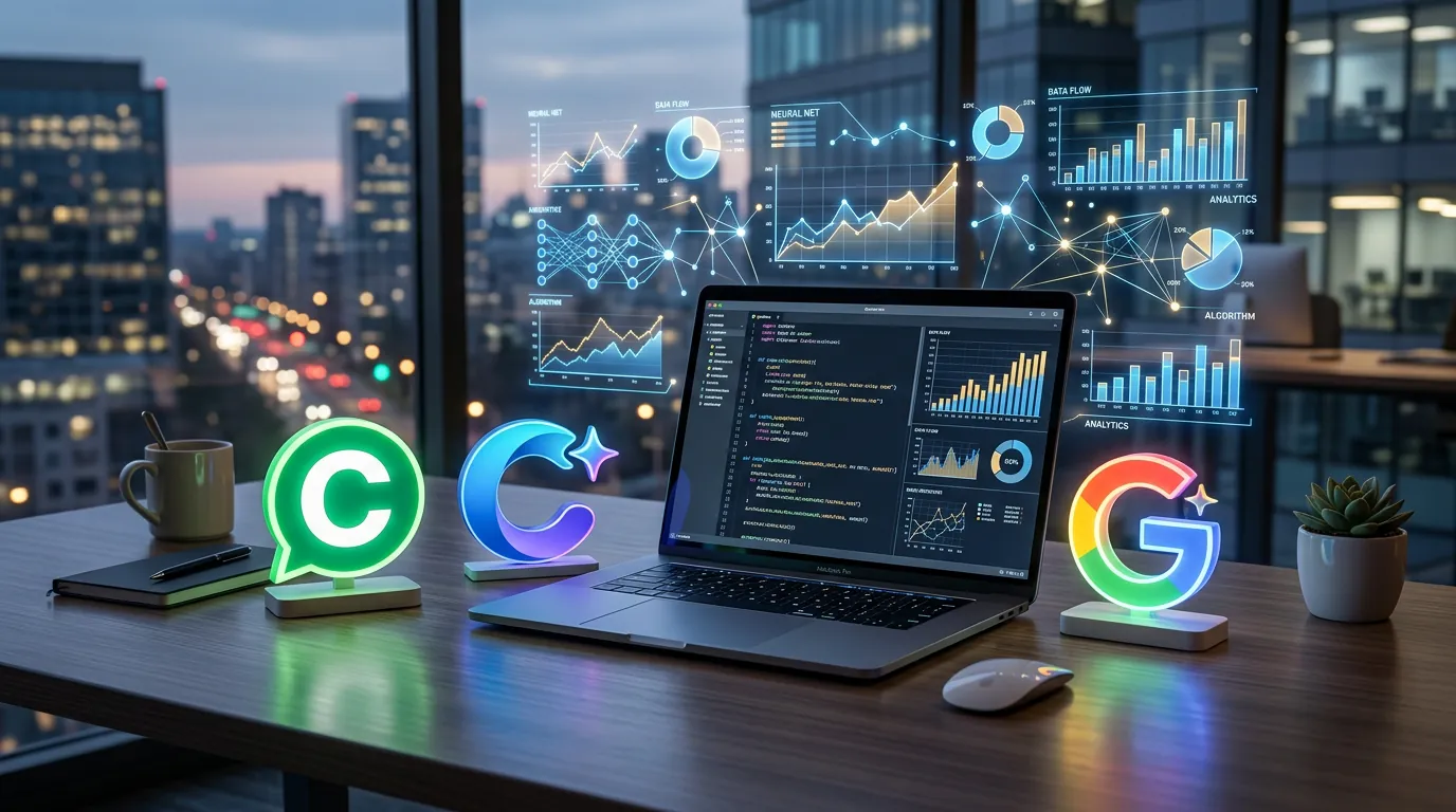 Logotipos do ChatGPT, Copilot e Gemini em ambiente corporativo