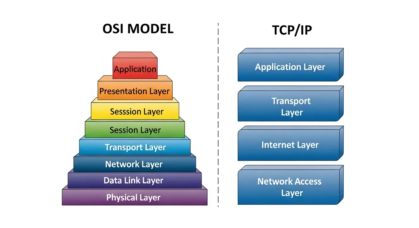 Comparativo visual entre as camadas do Modelo OSI e TCP/IP