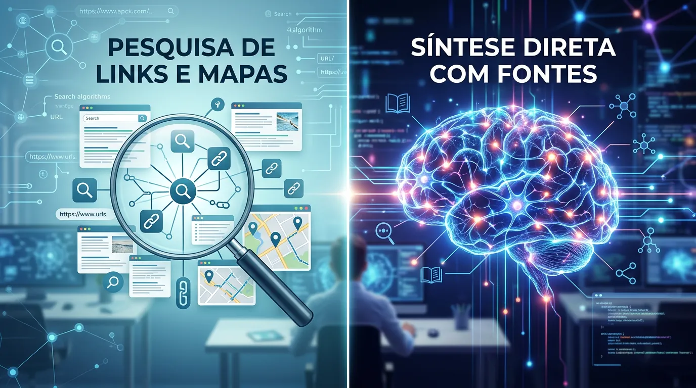 Comparativo entre busca tradicional do Google e síntese do Perplexity