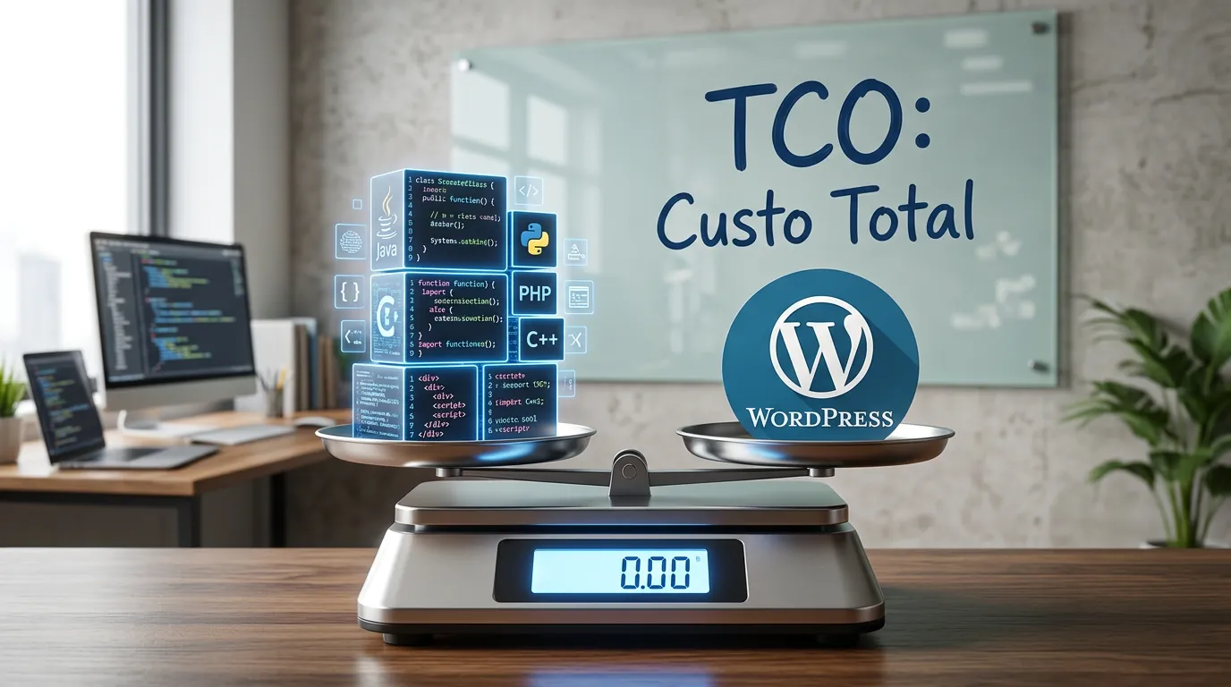 Balança equilibrando desenvolvimento customizado e CMS
