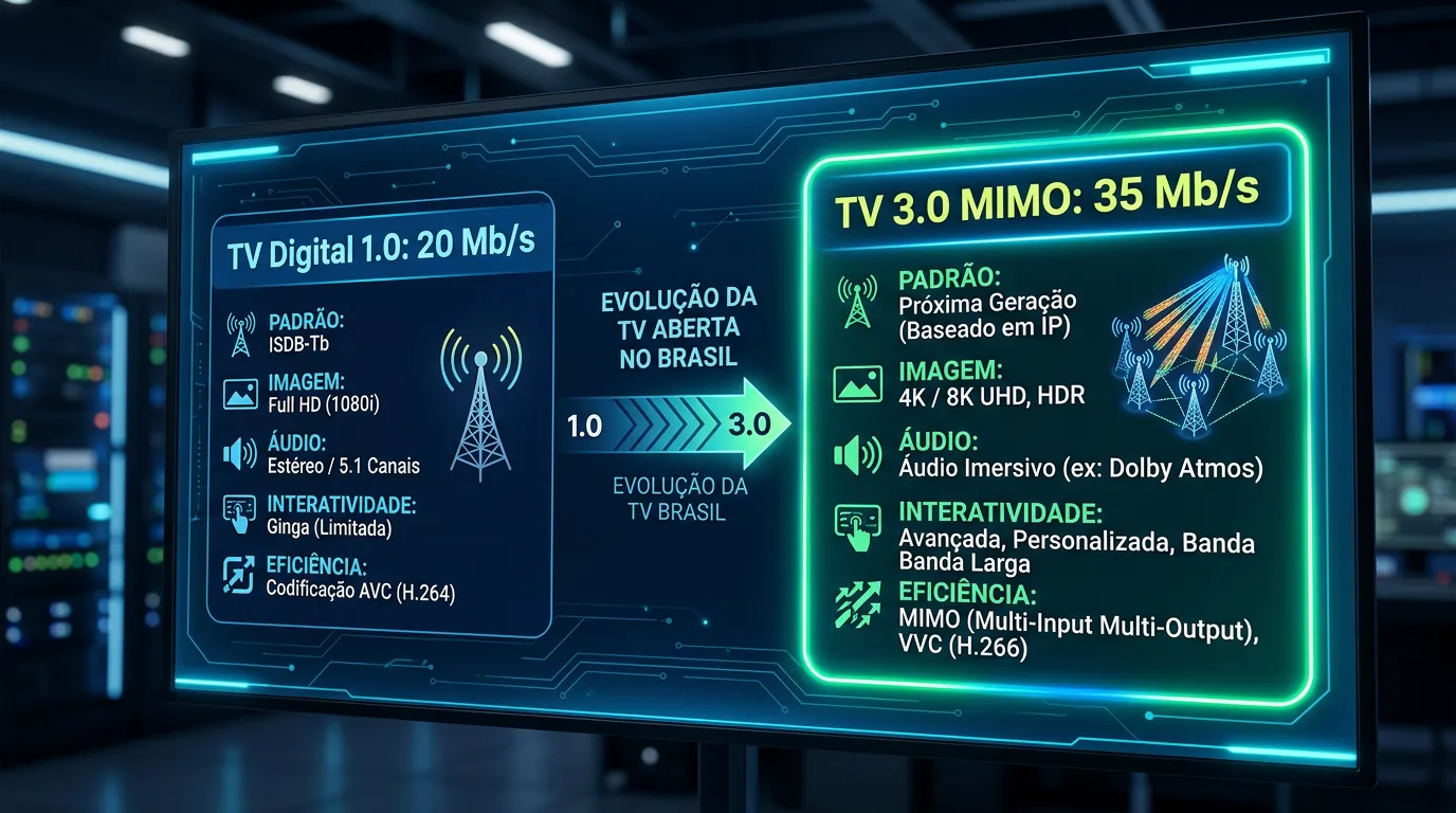 Comparativo técnico de transmissão de dados entre TV Digital atual e TV 3.0 com antena MIMO