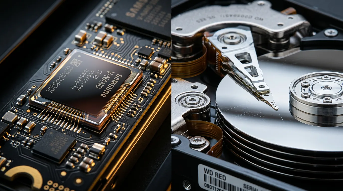 Comparativo visual entre os componentes internos de um SSD e um HD